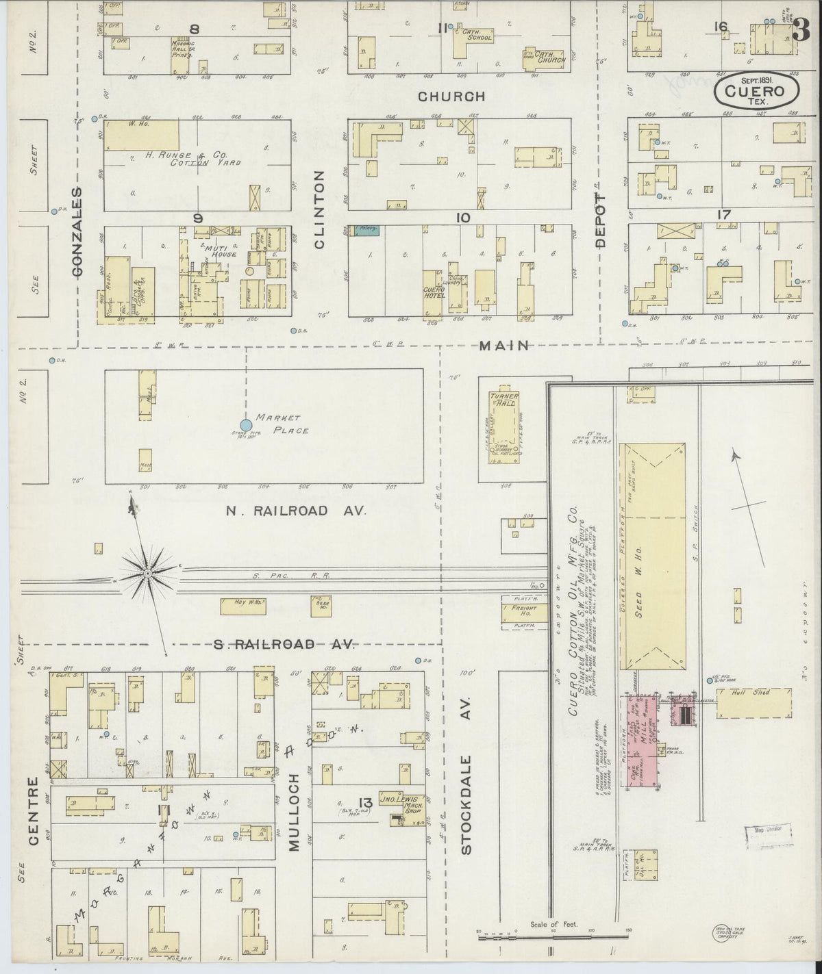 Sanborn Fire Insurance Map from Cuero, De Witt County, Texas (1891), Sheet #0003 - Complete Map Set gallery image, historic Sanborn map, vintage wall art, Texas Texas
