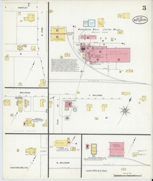 Sanborn Fire Insurance Map from Batesburg, Lexington And Saluda Counties, South Carolina (1908), Sheet #0003 - Historic Sanborn Fire Insurance Map Print, vintage old map wall art, antique decor, genealogy gift, South Carolina South Carolina map