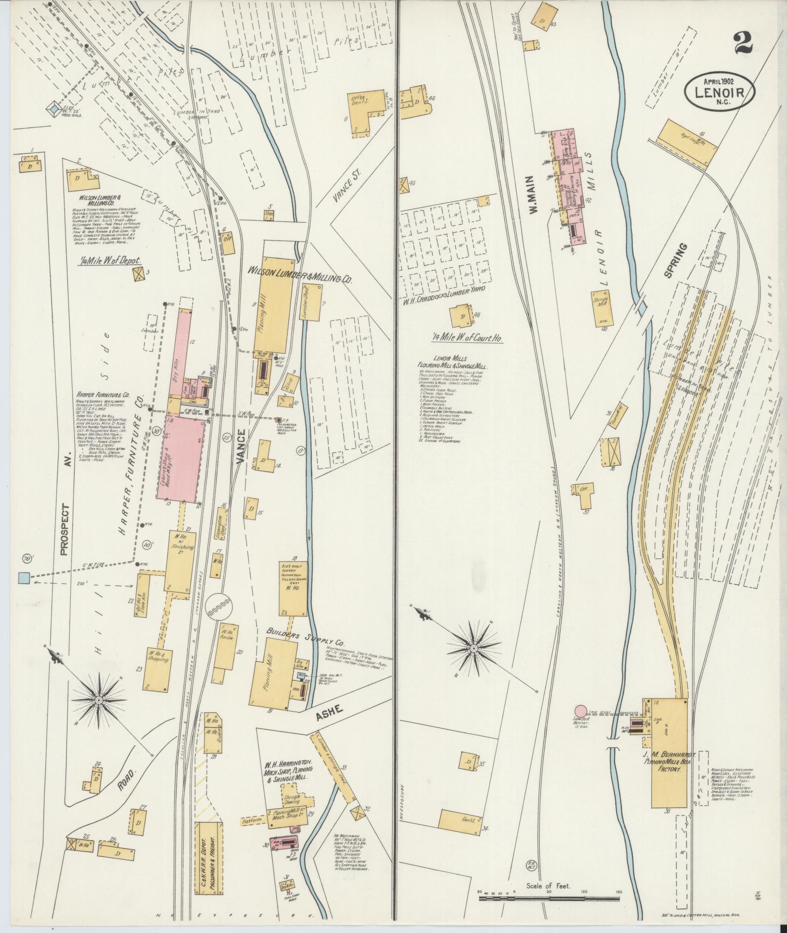 Sanborn Fire Insurance Map from Lenoir, Caldwell County, North Carolina (1902), Sheet #0002 - Complete Map Set gallery image, historic Sanborn map, vintage wall art, North Carolina North Carolina