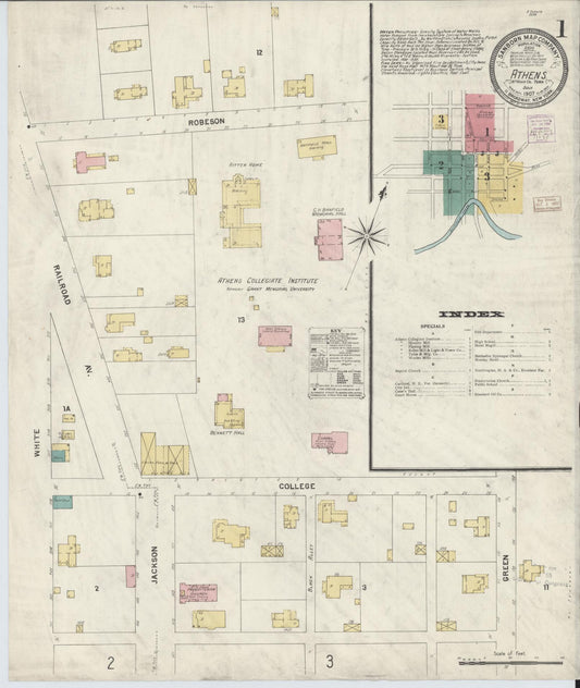 Sanborn Fire Insurance Map from Athens, McMinn County, Tennessee (1907), Sheet #0001 - Historic Sanborn Fire Insurance Map Print, vintage old map wall art, antique decor, genealogy gift, Tennessee Tennessee map