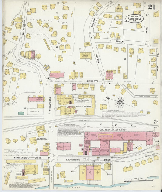 Sanborn Fire Insurance Map from Asheville, Buncombe County, North Carolina (1907), Sheet #0021 - Historic Sanborn Fire Insurance Map Print, vintage old map wall art, antique decor, genealogy gift, North Carolina North Carolina map