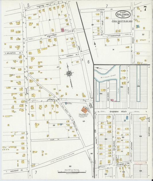 Sanborn Fire Insurance Map from Baldwin, Nassau County, New York (1917), Sheet #0007 - Historic Sanborn Fire Insurance Map Print, vintage old map wall art, antique decor, genealogy gift, New York New York map