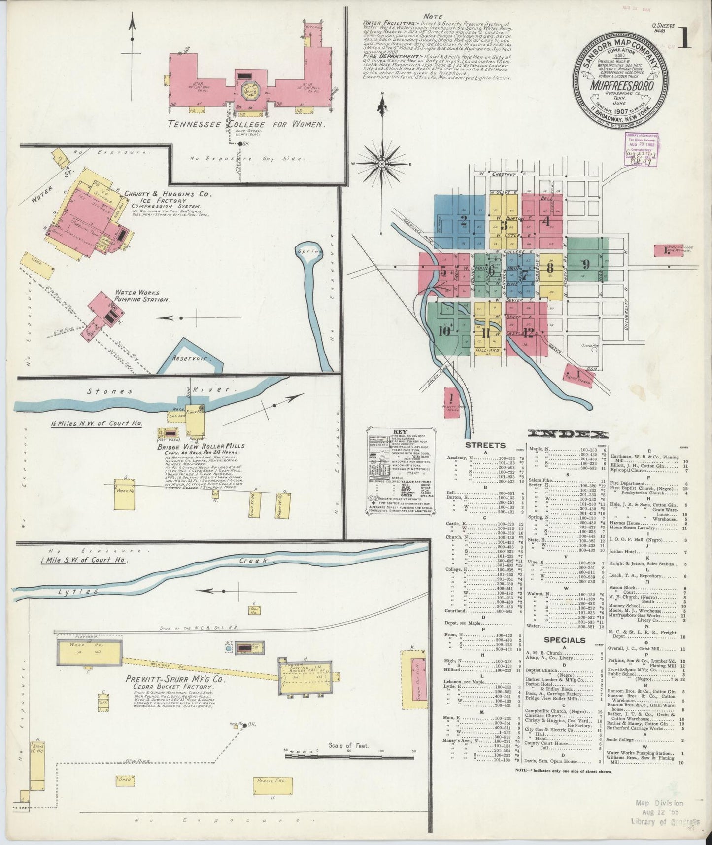 Sanborn Fire Insurance Map from Murfreesboro, Rutherford County, Tennessee (1907), Sheet #0001 - Historic Sanborn Fire Insurance Map Print, vintage old map wall art, antique decor, genealogy gift, Tennessee Tennessee map
