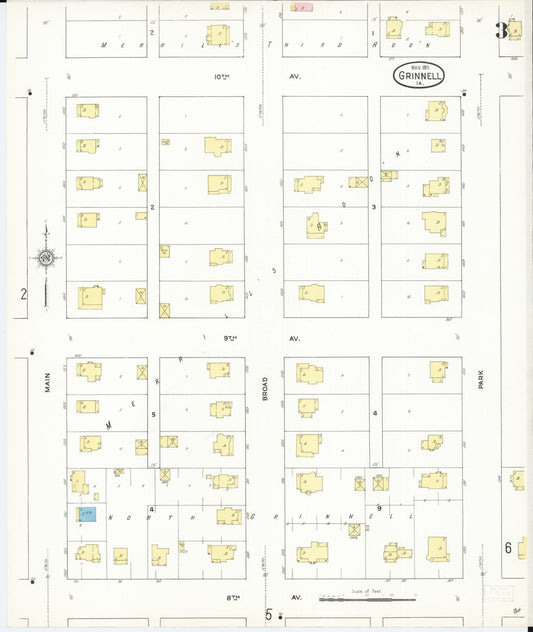 Sanborn Fire Insurance Map from Grinnell, Poweshiek County, Iowa (1911), Sheet #0003 - Historic Sanborn Fire Insurance Map Print, vintage old map wall art