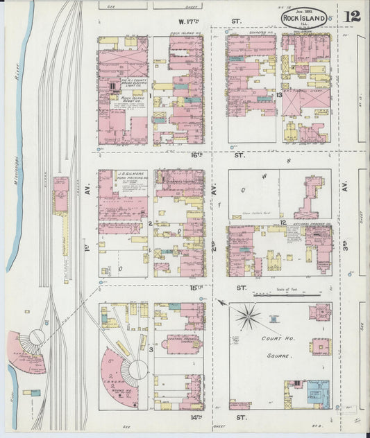 Sanborn Fire Insurance Map from Rock Island, Rock Island County, Illinois (1892), Sheet #0012 - Historic Sanborn Fire Insurance Map Print, vintage old map wall art, antique decor, genealogy gift, Illinois Illinois map