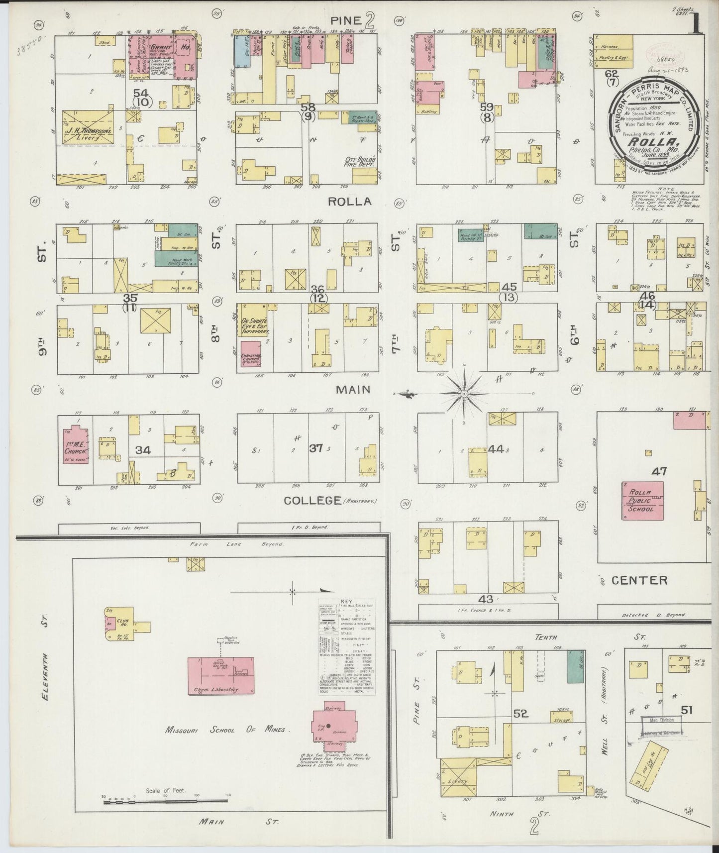 Sanborn Fire Insurance Map from Rolla, Phelps County, Missouri (1893), Sheet #0001 - Historic Sanborn Fire Insurance Map Print, vintage old map wall art, antique decor, genealogy gift, Missouri Missouri map
