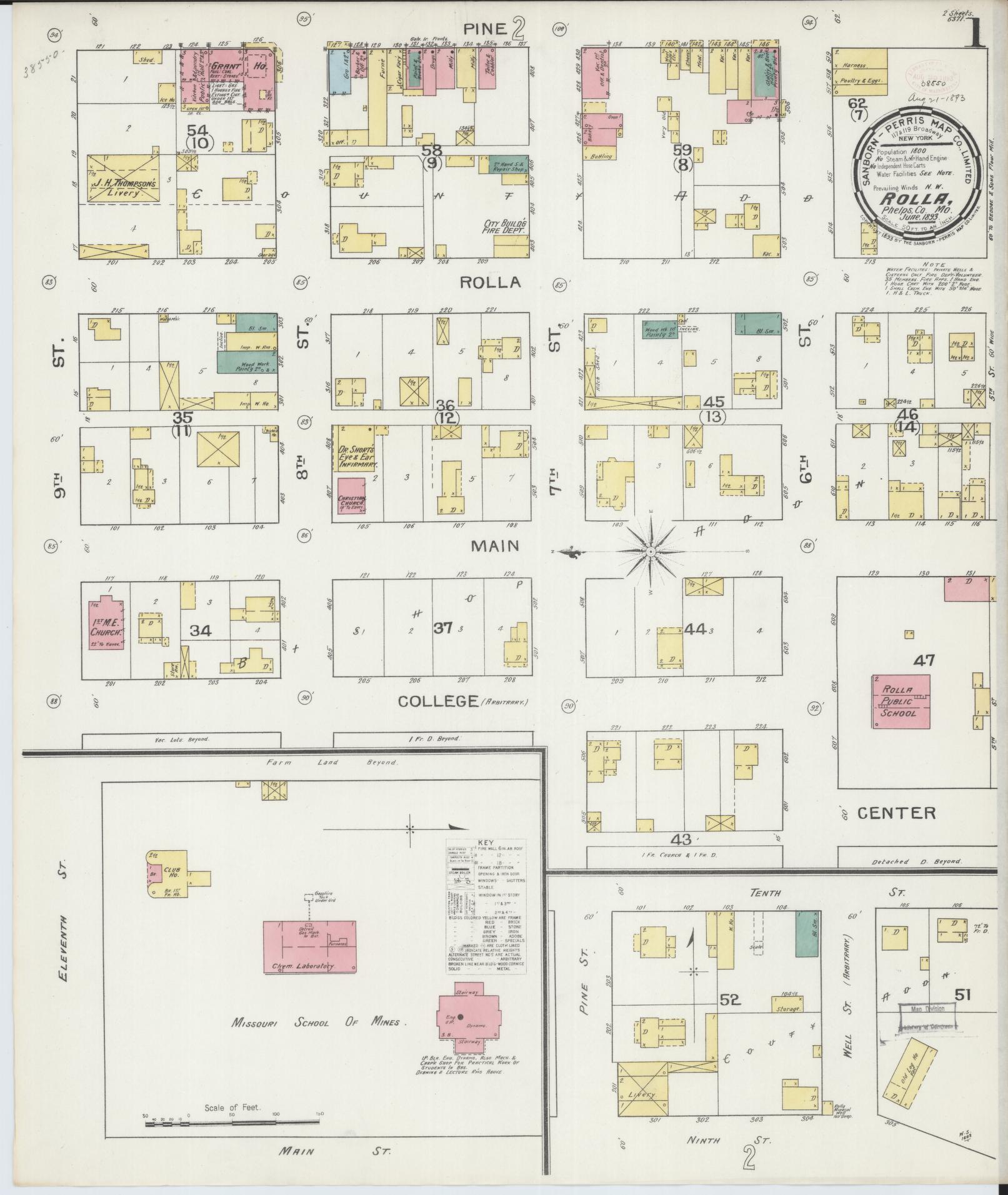 Sanborn Fire Insurance Map from Rolla, Phelps County, Missouri (1893), Sheet #0001 - Historic Sanborn Fire Insurance Map Print, vintage old map wall art, antique decor, genealogy gift, Missouri Missouri map