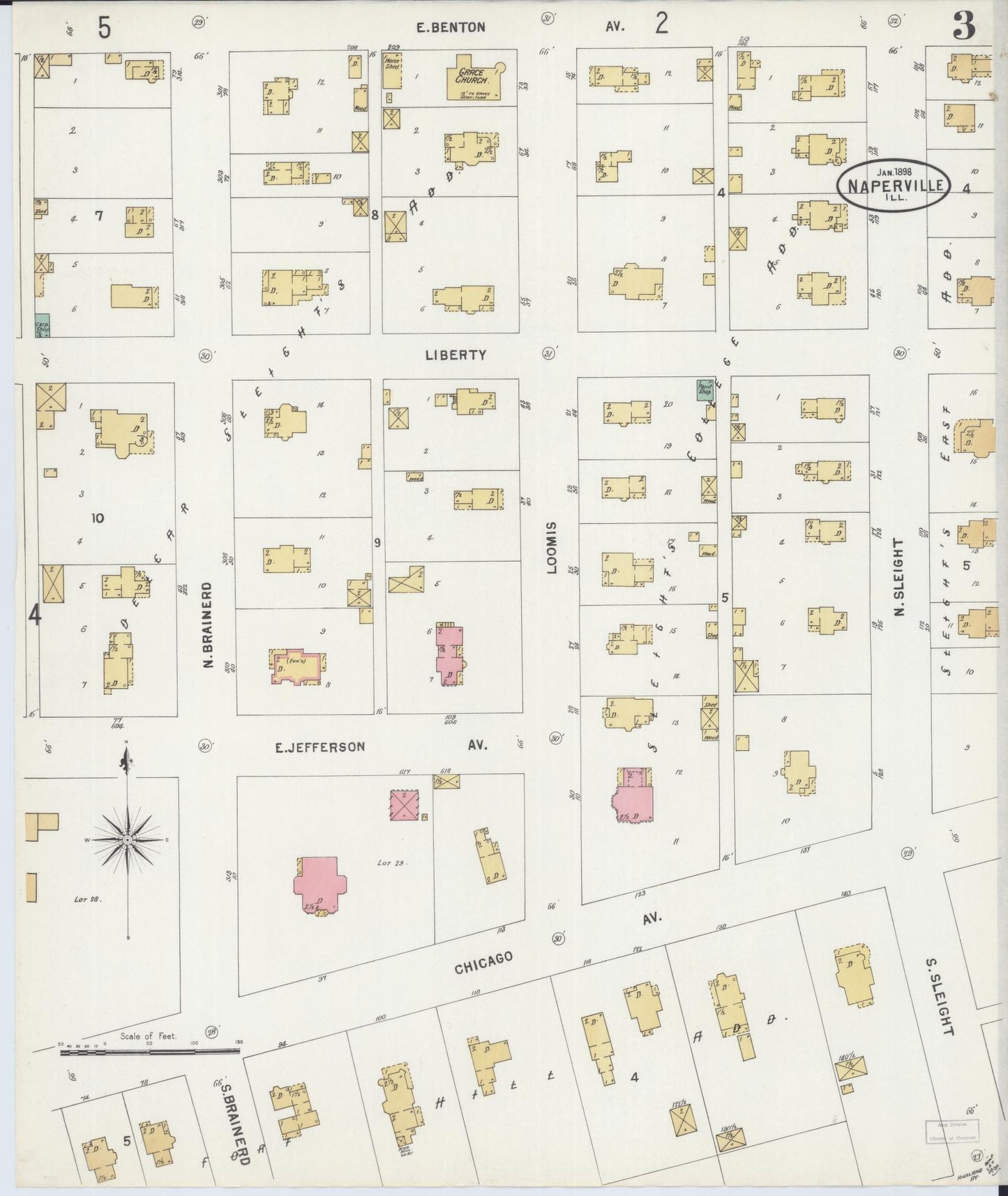Sanborn Fire Insurance Map from Naperville, Du Page County, Illinois (1898), Sheet #0003 - Complete Map Set gallery image, historic Sanborn map, vintage wall art, Illinois Illinois