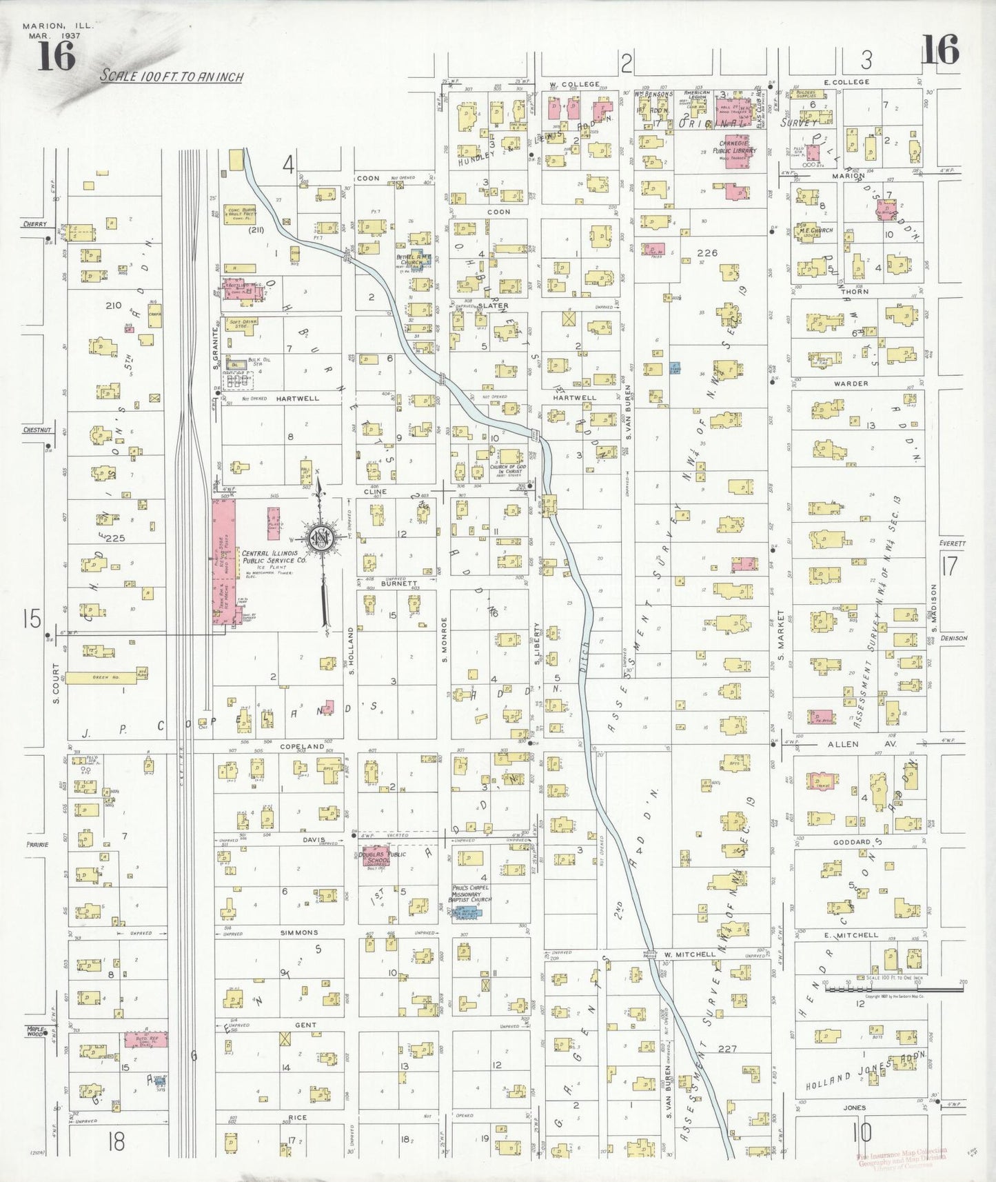 Sanborn Fire Insurance Map from Marion, Williamson County, Illinois (1937), Sheet #0016 - Historic Sanborn Fire Insurance Map Print, vintage old map wall art, antique decor, genealogy gift, Illinois Illinois map