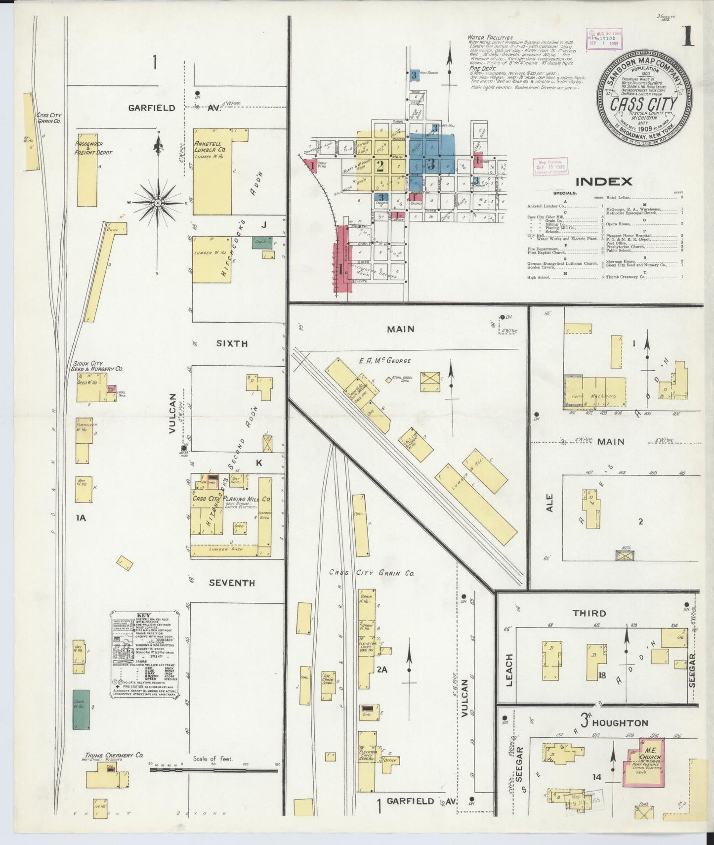 Sanborn Fire Insurance Map from Cass City, Tuscola County, Michigan (1909), Sheet #0001 - Complete Map Set gallery image, historic Sanborn map, vintage wall art, Michigan Michigan
