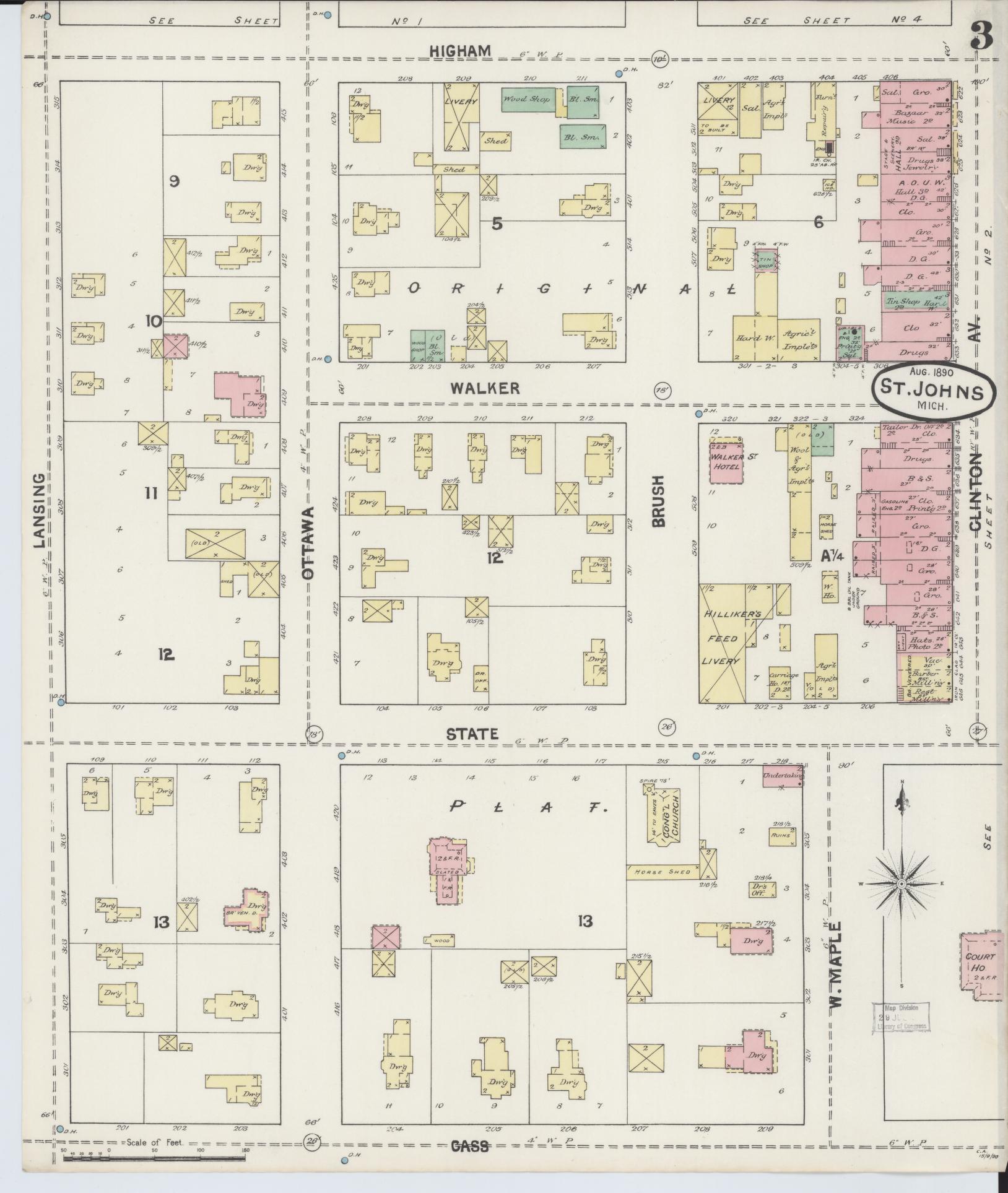 Sanborn Fire Insurance Map from Saint Johns, Clinton County, Michigan (1890), Sheet #0003 - Historic Sanborn Fire Insurance Map Print, vintage old map wall art, antique decor, genealogy gift, Michigan Michigan map