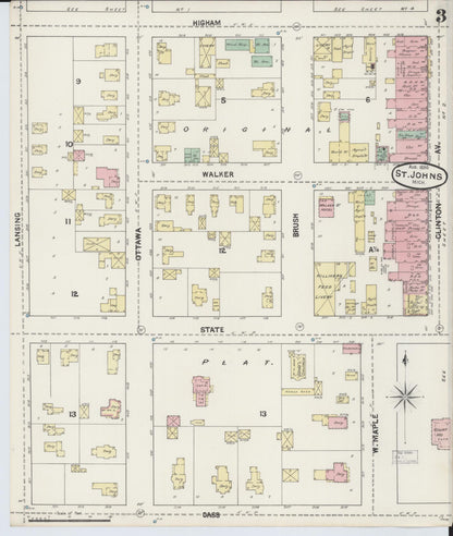 Sanborn Fire Insurance Map from Saint Johns, Clinton County, Michigan (1890), Sheet #0003 - Historic Sanborn Fire Insurance Map Print, vintage old map wall art, antique decor, genealogy gift, Michigan Michigan map