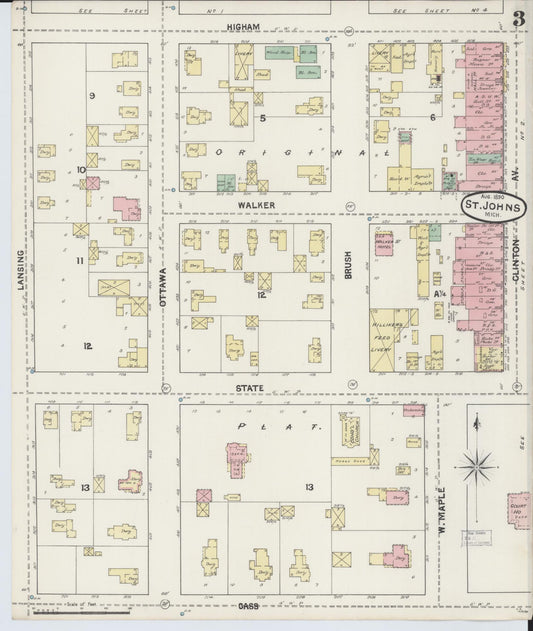 Sanborn Fire Insurance Map from Saint Johns, Clinton County, Michigan (1890), Sheet #0003 - Historic Sanborn Fire Insurance Map Print, vintage old map wall art, antique decor, genealogy gift, Michigan Michigan map