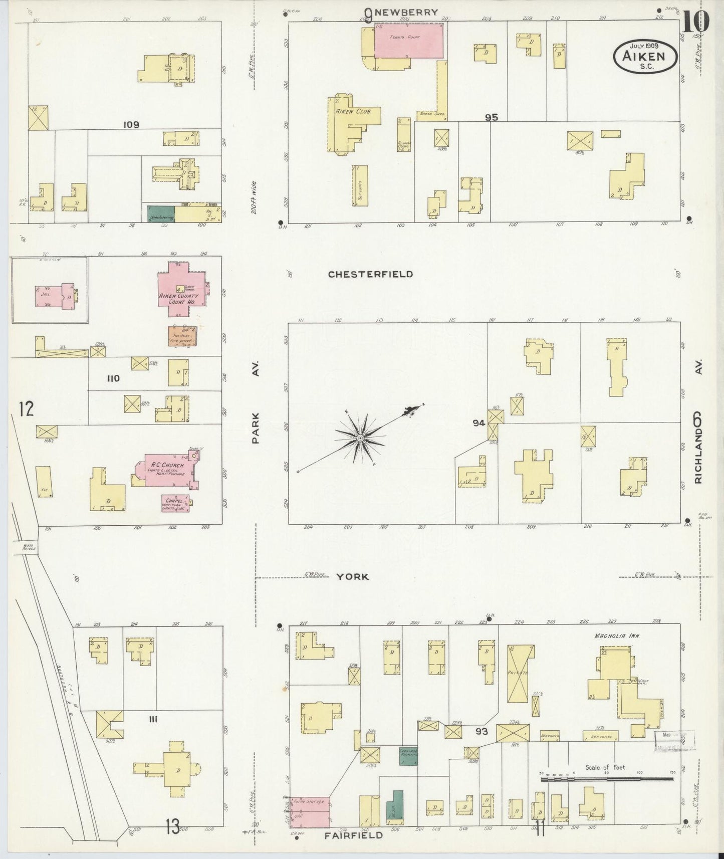 Sanborn Fire Insurance Map from Aiken, Aiken County, South Carolina (1909), Sheet #0010 - Complete Map Set gallery image, historic Sanborn map, vintage wall art, South Carolina South Carolina