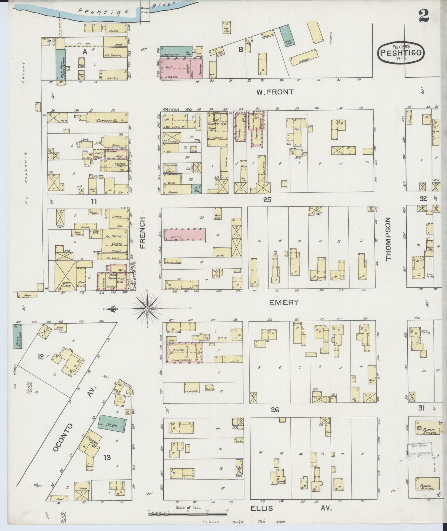 Sanborn Fire Insurance Map from Peshtigo, Marinette County, Wisconsin (1893), Sheet #0002 - Historic Sanborn Fire Insurance Map Print, vintage old map wall art, antique decor, genealogy gift, Wisconsin Wisconsin map