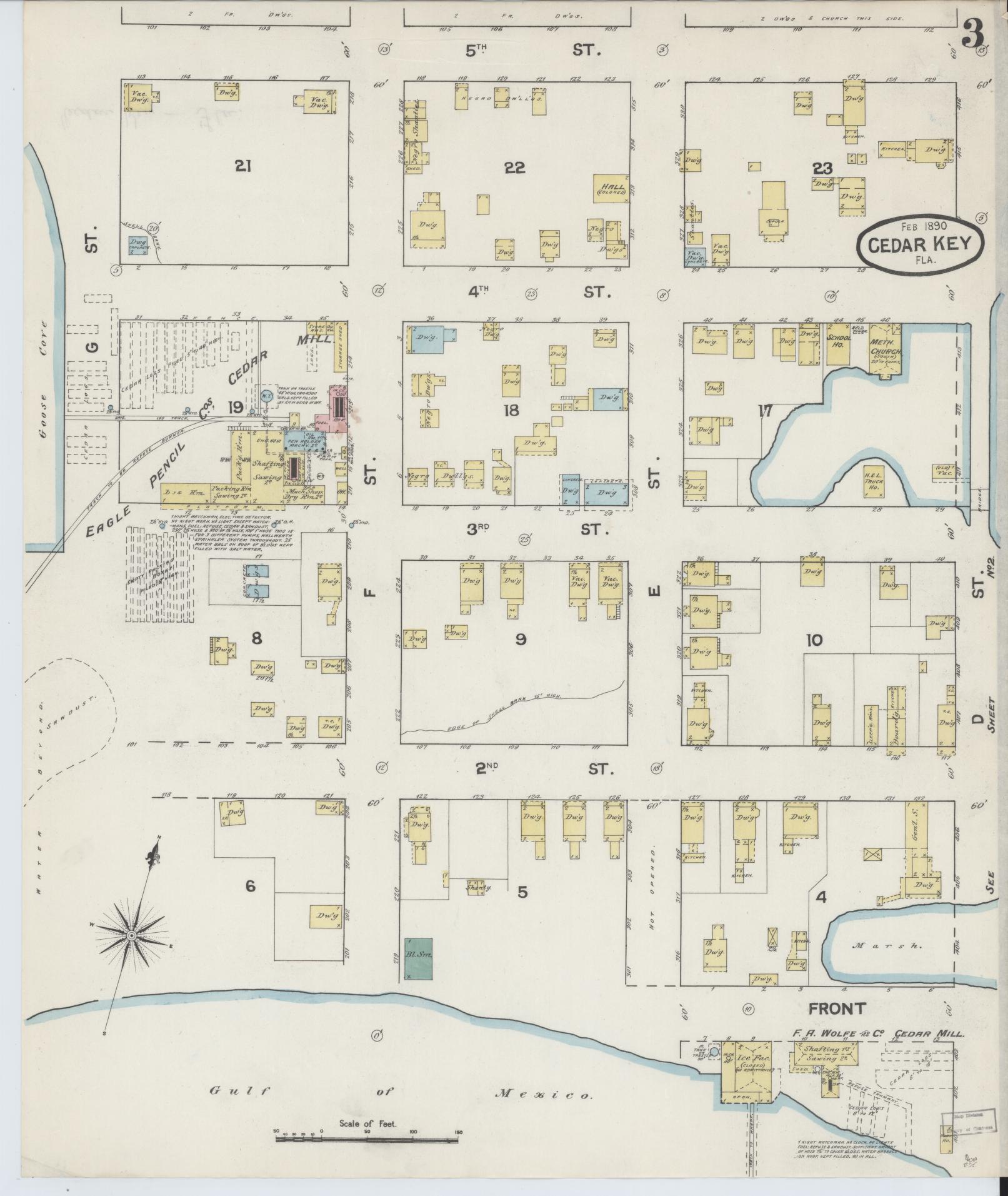 Sanborn Fire Insurance Map from Cedar Key, Levy County, Florida (1890), Sheet #0003 - Complete Map Set gallery image, historic Sanborn map, vintage wall art, Florida Florida