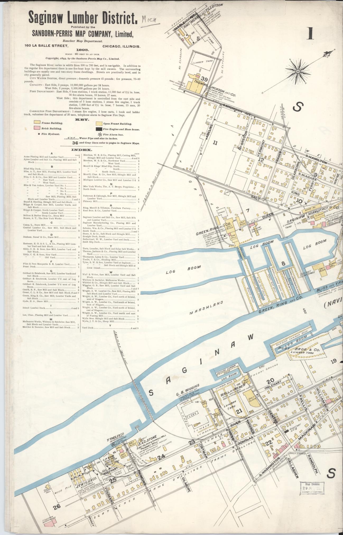 Sanborn Fire Insurance Map from Saginaw, Saginaw County, Michigan (1895), Sheet #0001 - Historic Sanborn Fire Insurance Map Print, vintage old map wall art, antique decor, genealogy gift, Michigan Michigan map