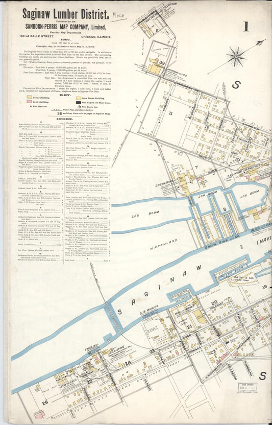 Sanborn Fire Insurance Map from Saginaw, Saginaw County, Michigan (1895), Sheet #0001 - Historic Sanborn Fire Insurance Map Print, vintage old map wall art, antique decor, genealogy gift, Michigan Michigan map