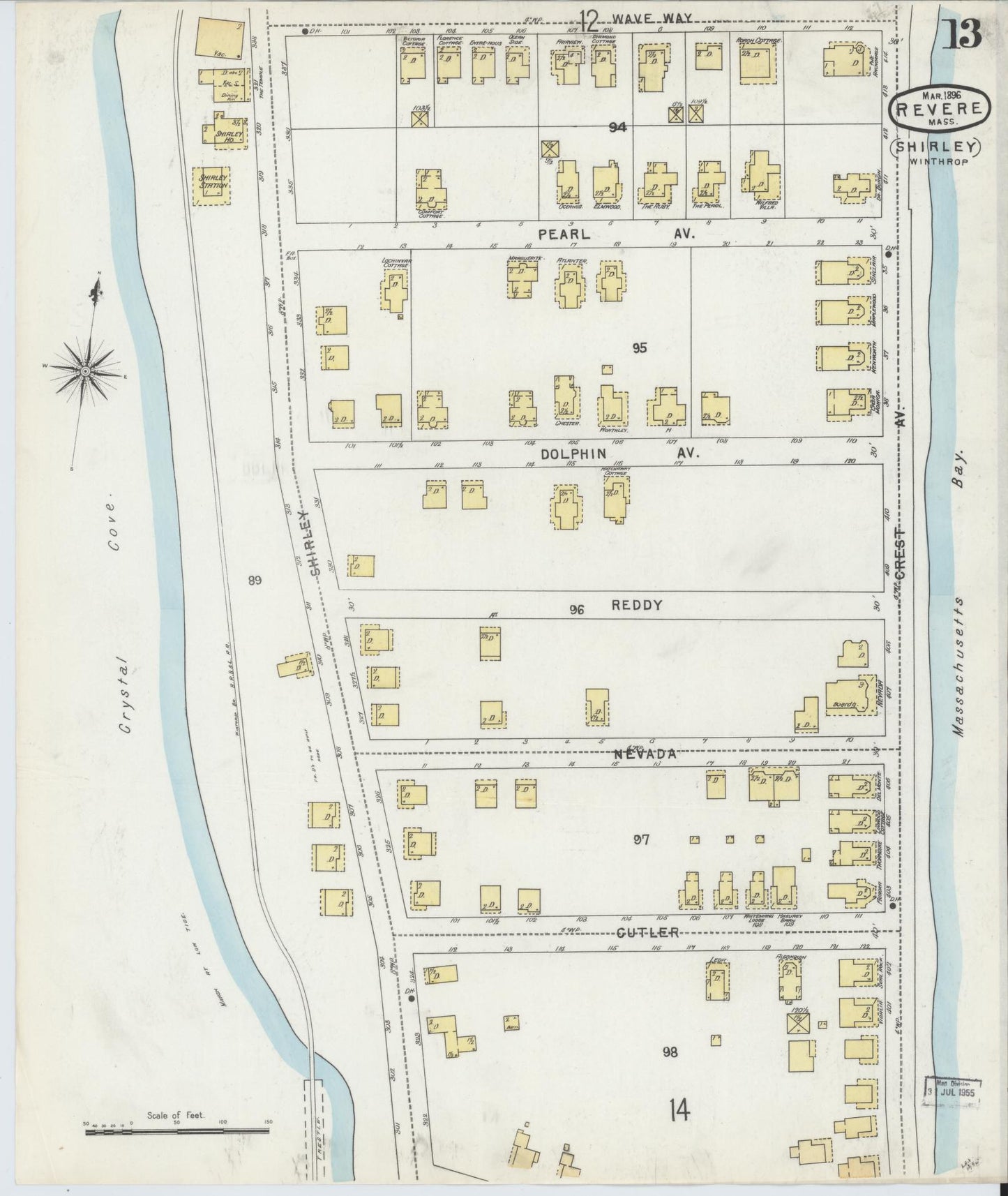 Sanborn Fire Insurance Map from Revere, Suffolk County, Massachusetts (1896), Sheet #0013 - Historic Sanborn Fire Insurance Map Print, vintage old map wall art, antique decor, genealogy gift, Massachusetts Massachusetts map
