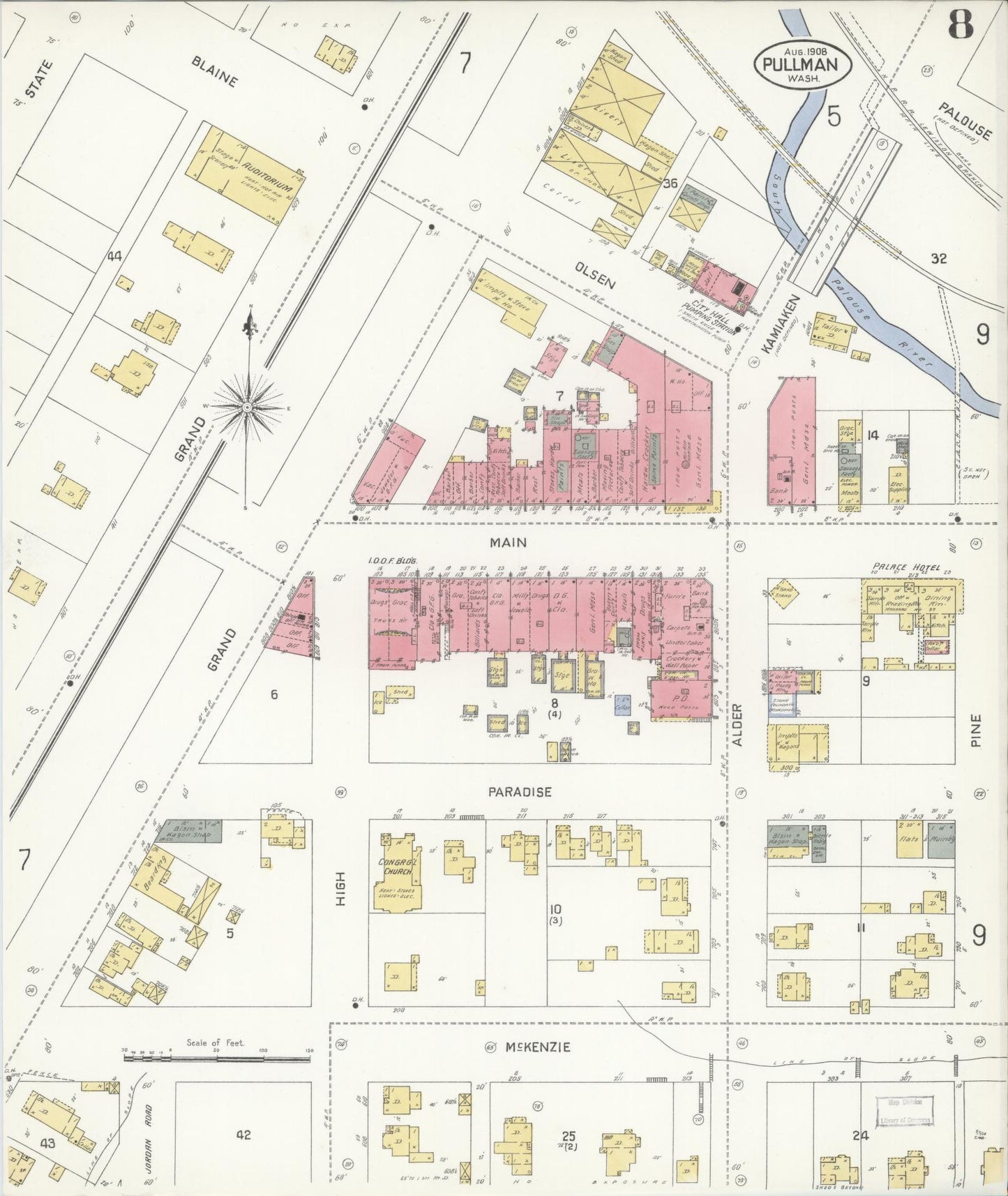 Sanborn Fire Insurance Map from Pullman, Whitman County, Washington (1908), Sheet #0008 - Complete Map Set gallery image, historic Sanborn map, vintage wall art, Washington Washington