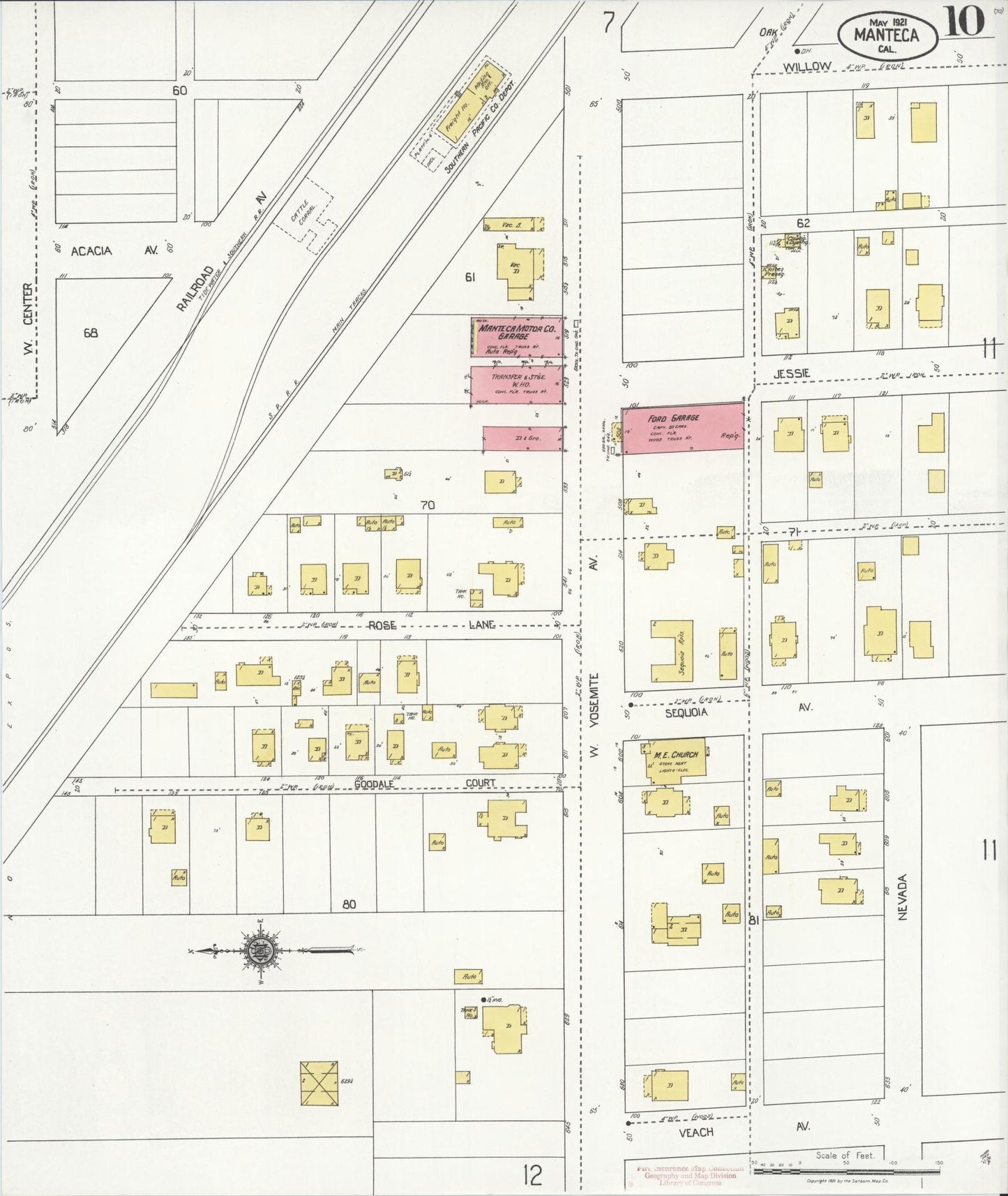 Sanborn Fire Insurance Map from Manteca, San Joaquin County, California (1921), Sheet #0010 - Historic Sanborn Fire Insurance Map Print, vintage old map wall art, antique decor, genealogy gift, California California map