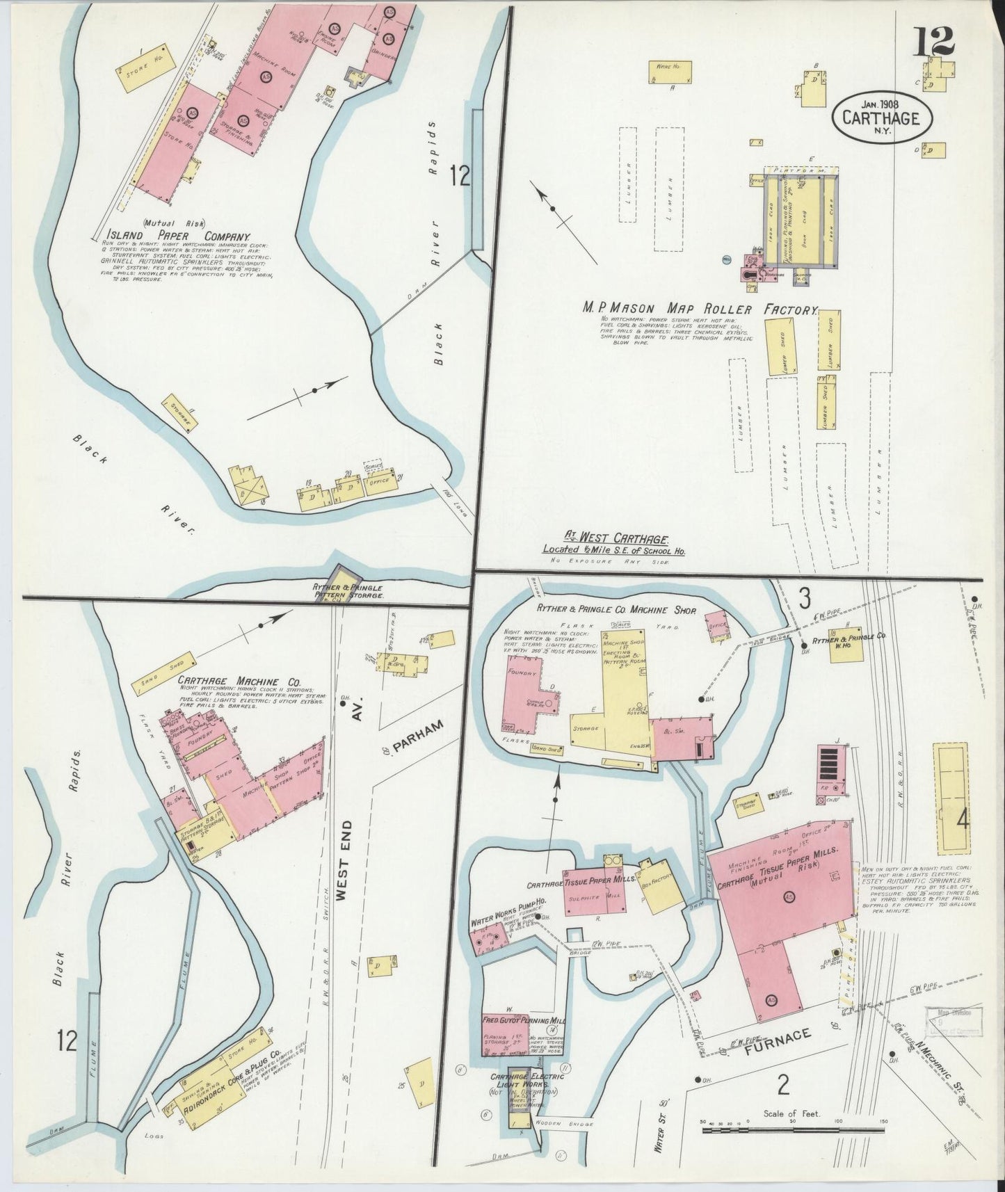 Sanborn Fire Insurance Map from Carthage, Jefferson County, New York (1908), Sheet #0012 - Historic Sanborn Fire Insurance Map Print, vintage old map wall art, antique decor, genealogy gift, New York New York map