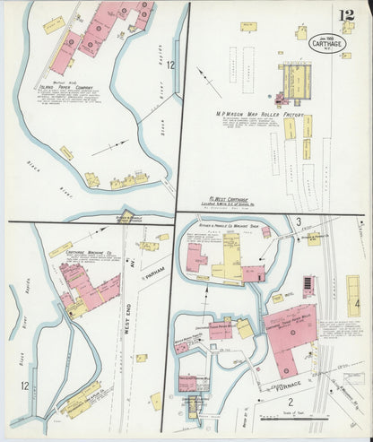 Sanborn Fire Insurance Map from Carthage, Jefferson County, New York (1908), Sheet #0012 - Historic Sanborn Fire Insurance Map Print, vintage old map wall art, antique decor, genealogy gift, New York New York map