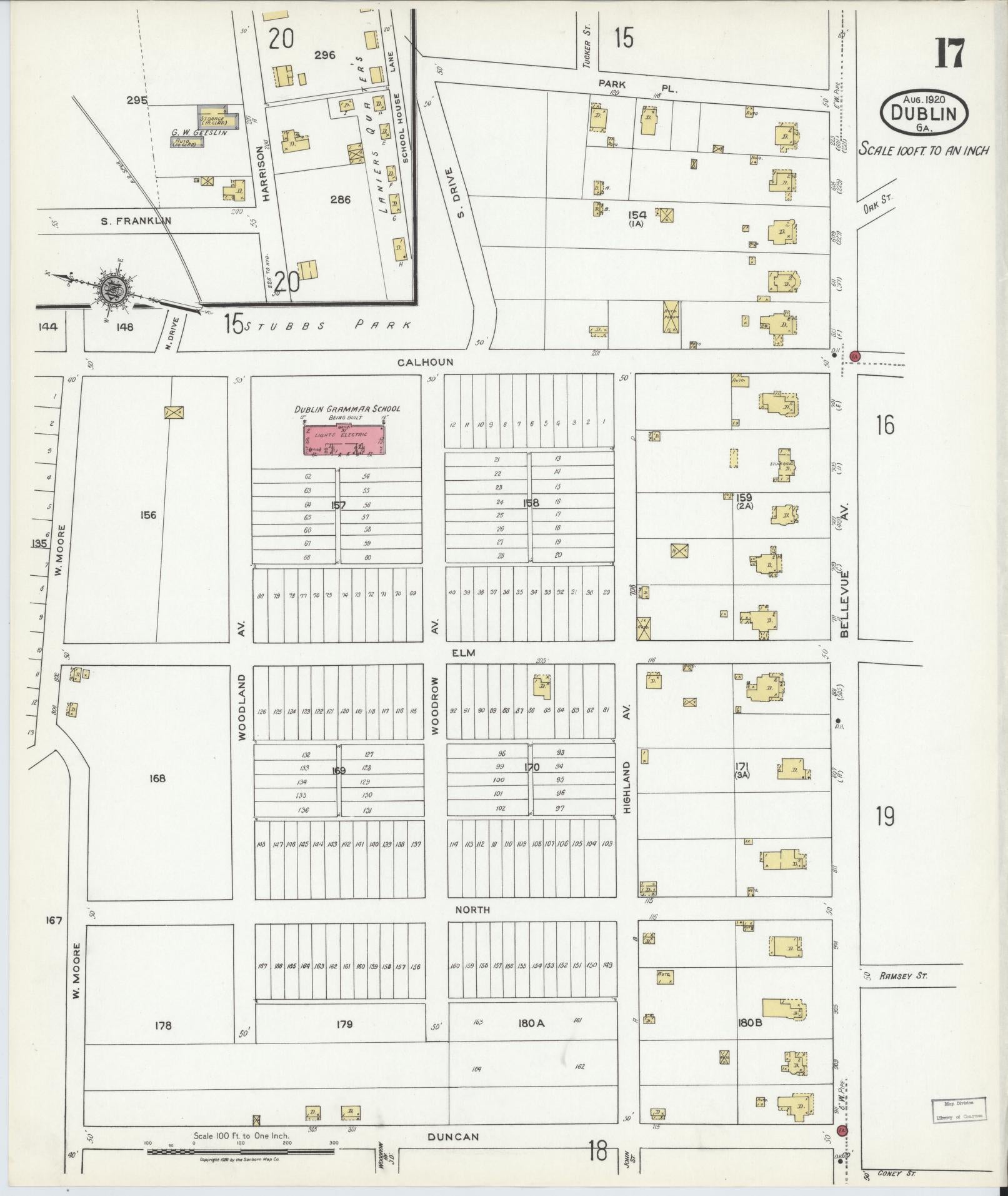 Sanborn Fire Insurance Map from Dublin, Laurens County, Georgia (1920), Sheet #0017 - Historic Sanborn Fire Insurance Map Print, vintage old map wall art, antique decor, genealogy gift, Georgia Georgia map