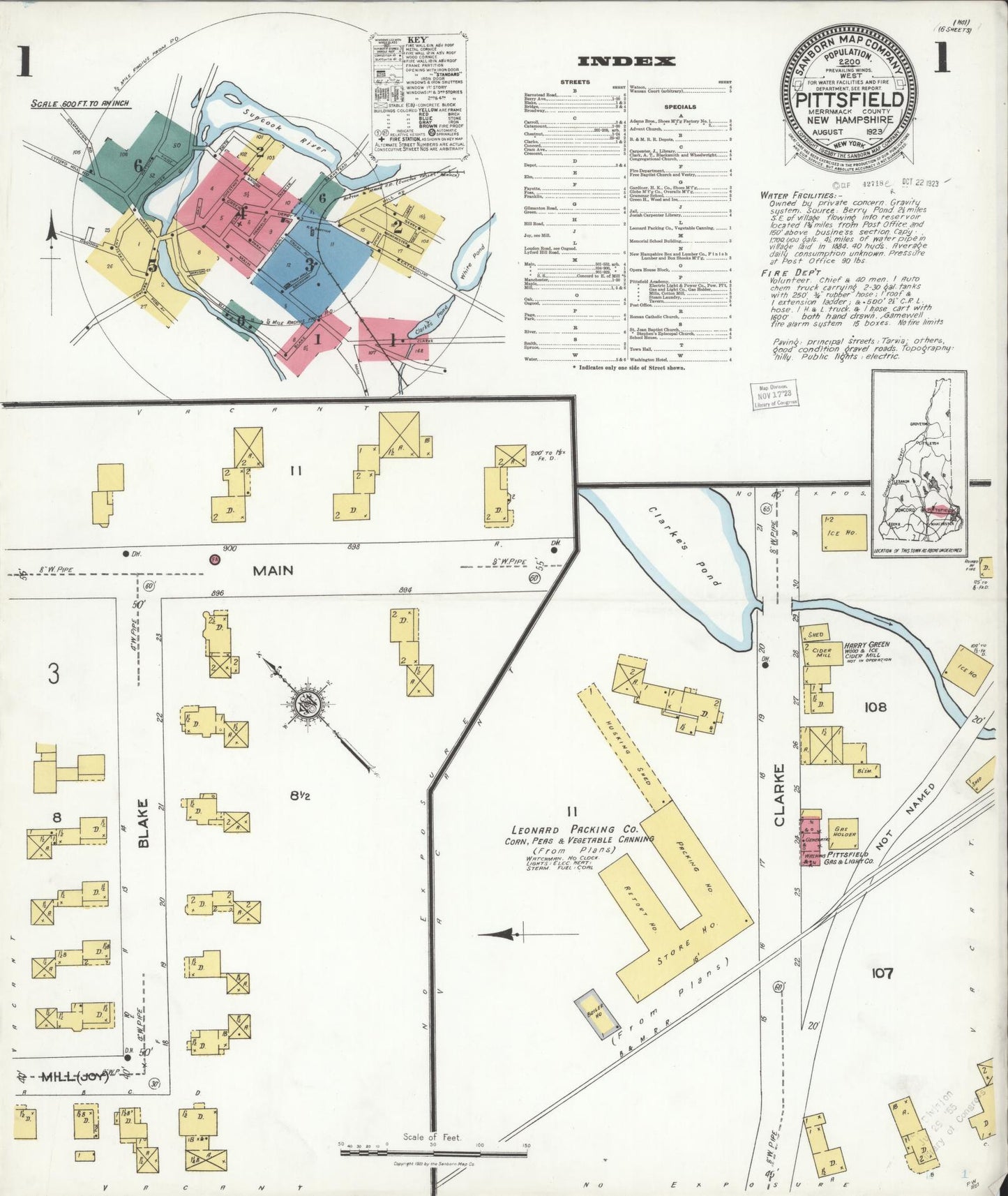 Sanborn Fire Insurance Map from Pittsfield, Merrimack County, New Hampshire (1923), Sheet #0001 - Complete Map Set gallery image, historic Sanborn map, vintage wall art, New Hampshire New Hampshire