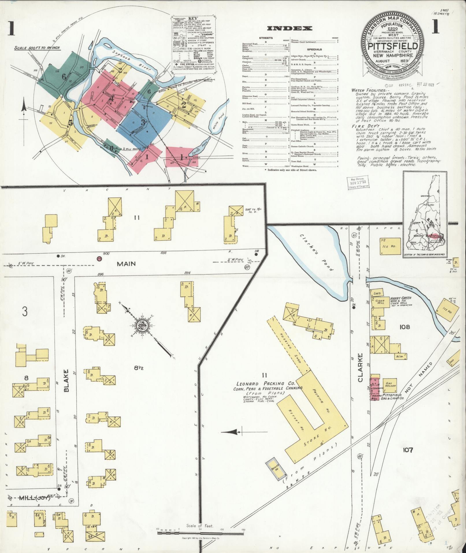 Sanborn Fire Insurance Map from Pittsfield, Merrimack County, New Hampshire (1923), Sheet #0001 - Complete Map Set gallery image, historic Sanborn map, vintage wall art, New Hampshire New Hampshire
