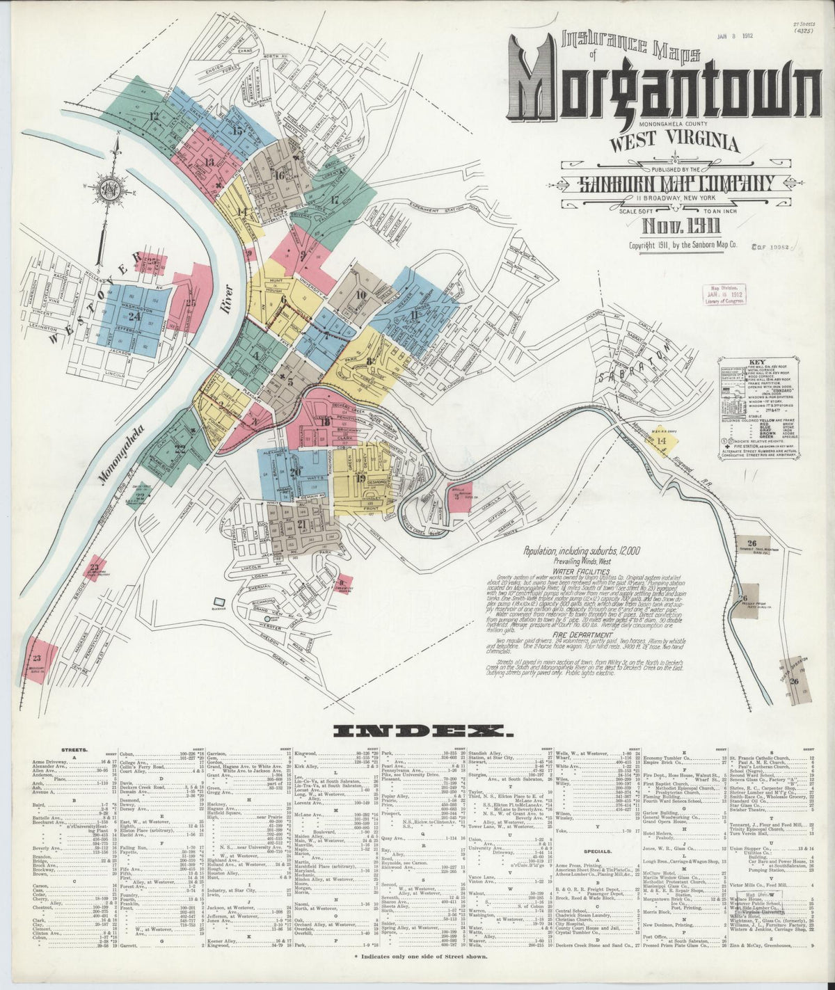Sanborn Fire Insurance Map from Morgantown, Monongalia County, West Virginia (1911), Sheet #0001 - Historic Sanborn Fire Insurance Map Print, vintage old map wall art, antique decor, genealogy gift, West Virginia West Virginia map