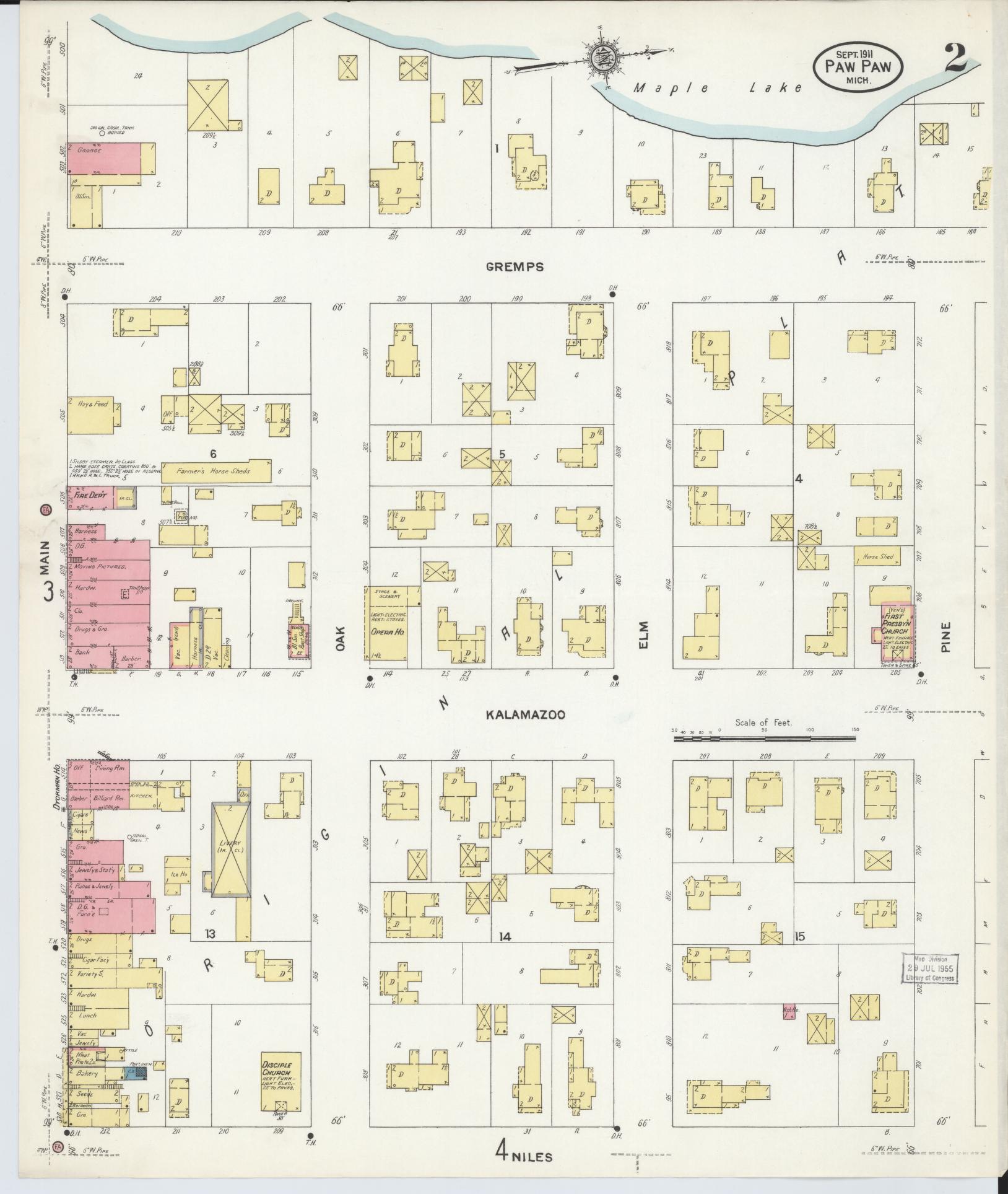 Sanborn Fire Insurance Map from Paw Paw, Van Buren County, Michigan (1911), Sheet #0002 - Complete Map Set gallery image, historic Sanborn map, vintage wall art, Michigan Michigan