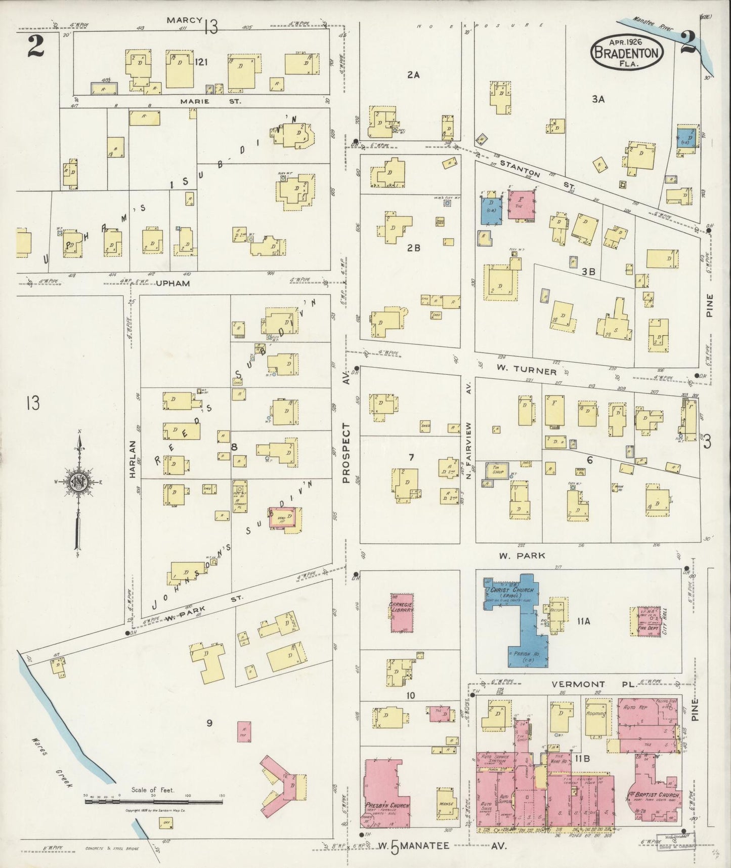 Sanborn Fire Insurance Map from Bradentown, Manatee County, Florida (1926), Sheet #0002 - Complete Map Set gallery image, historic Sanborn map, vintage wall art, Florida Florida