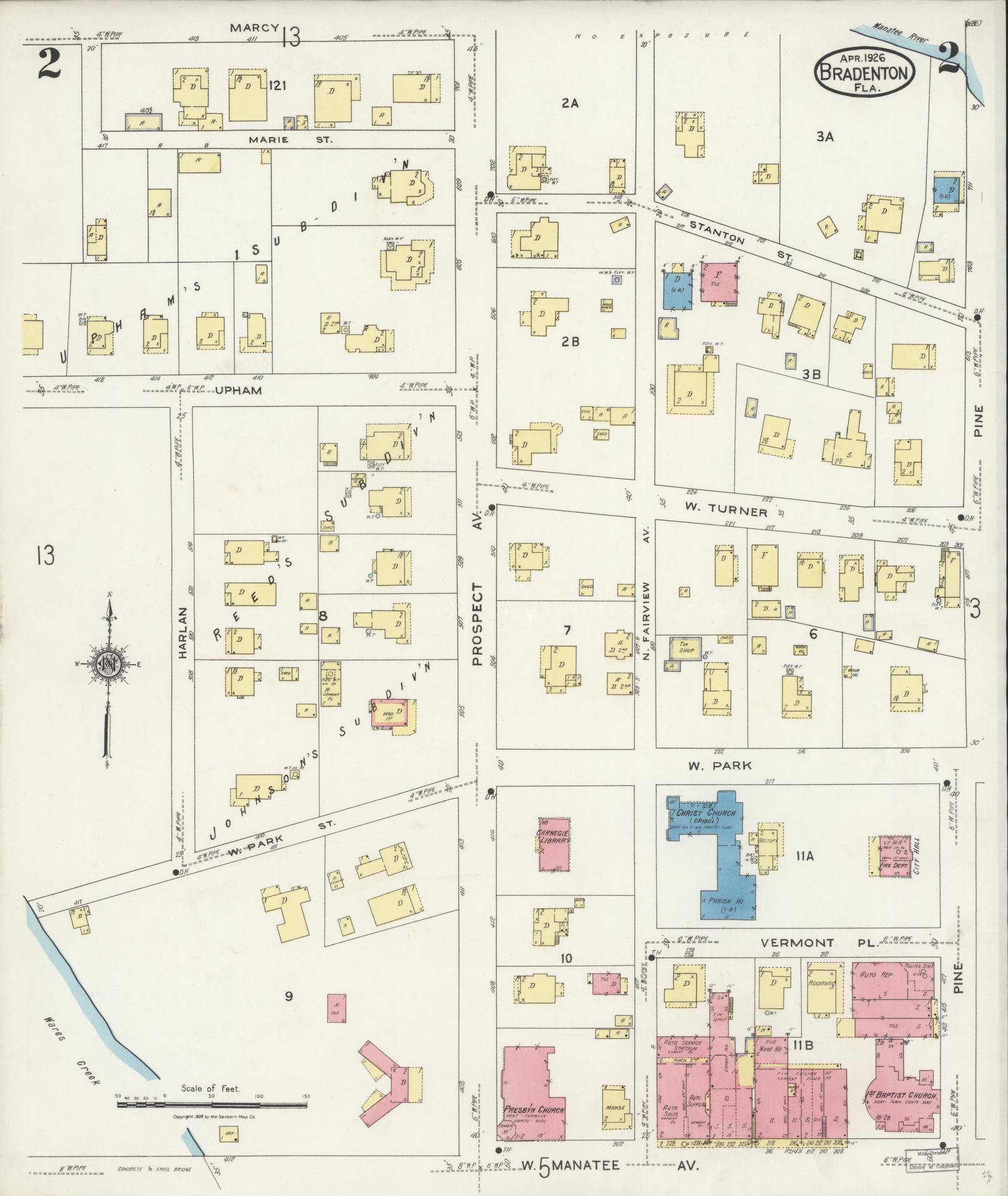 Sanborn Fire Insurance Map from Bradentown, Manatee County, Florida (1926), Sheet #0002 - Complete Map Set gallery image, historic Sanborn map, vintage wall art, Florida Florida