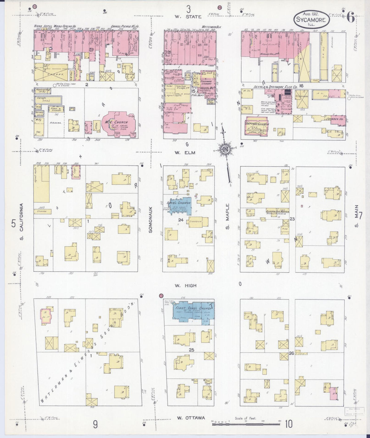 Sanborn Fire Insurance Map from Sycamore, De Kalb County, Illinois (1912), Sheet #0006 - Historic Sanborn Fire Insurance Map Print, vintage old map wall art, antique decor, genealogy gift, Illinois Illinois map