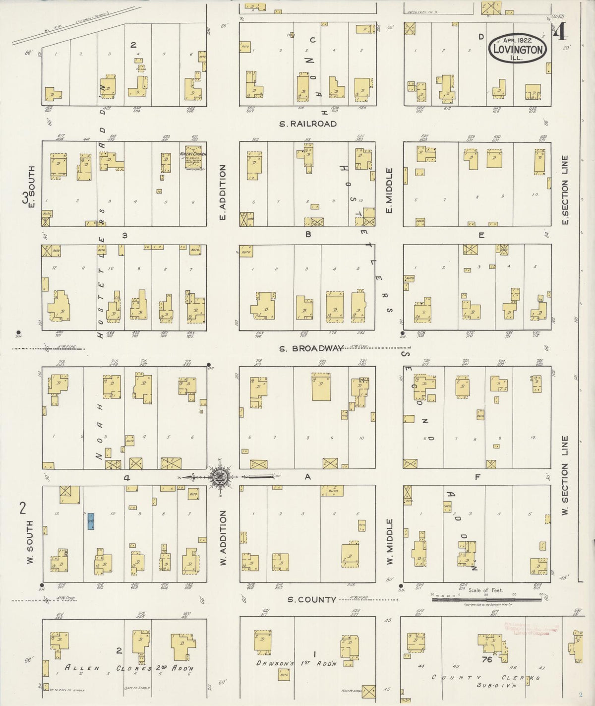 Sanborn Fire Insurance Map from Lovington, Moultrie County, Illinois (1922), Sheet #0004 - Complete Map Set gallery image, historic Sanborn map, vintage wall art, Illinois Illinois