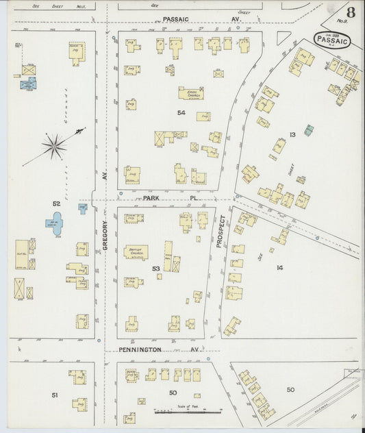 Sanborn Fire Insurance Map from Passaic, Passaic County, New Jersey (1889), Sheet #0008 - Historic Sanborn Fire Insurance Map Print, vintage old map wall art, antique decor, genealogy gift, New Jersey New Jersey map