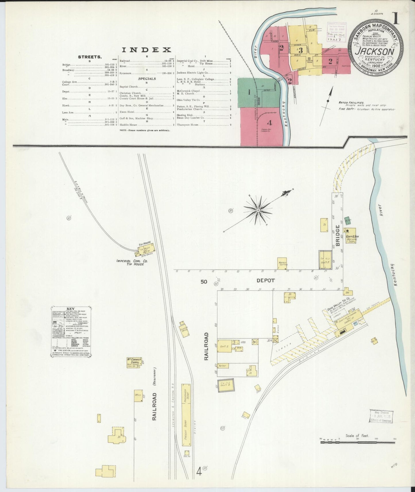 Sanborn Fire Insurance Map from Jackson, Breathitt County, Kentucky (1908), Sheet #0001 - Complete Map Set gallery image, historic Sanborn map, vintage wall art, Kentucky Kentucky