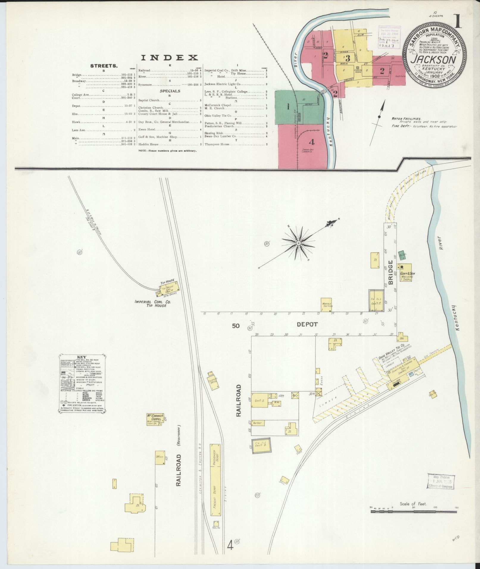 Sanborn Fire Insurance Map from Jackson, Breathitt County, Kentucky (1908), Sheet #0001 - Complete Map Set gallery image, historic Sanborn map, vintage wall art, Kentucky Kentucky