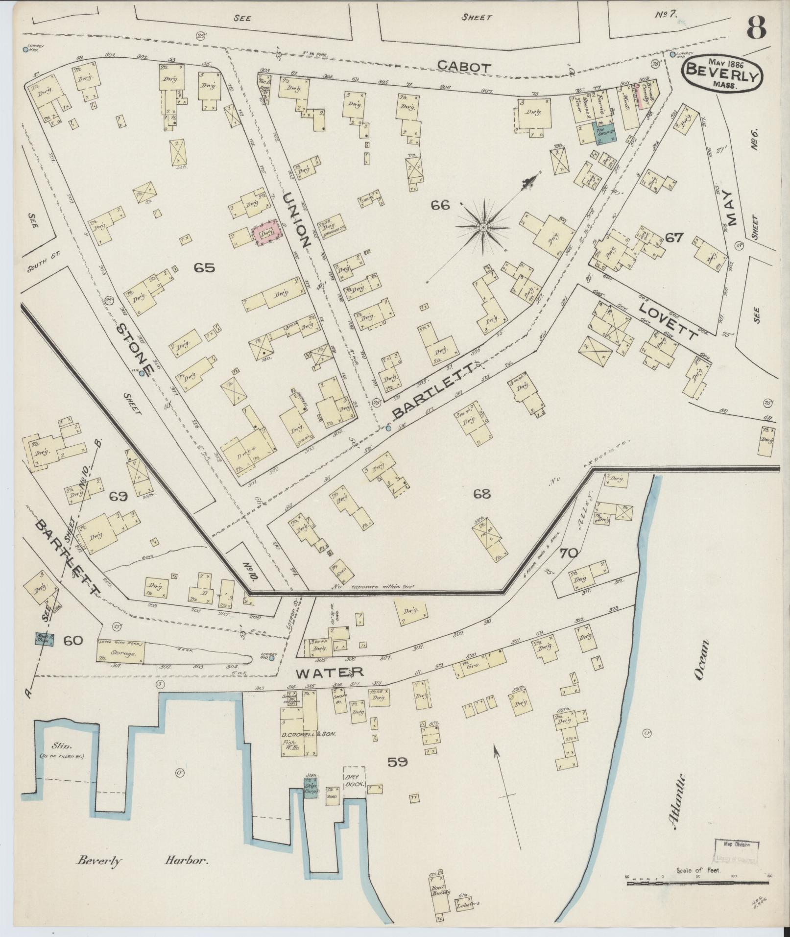Sanborn Fire Insurance Map from Beverly, Essex County, Massachusetts (1886), Sheet #0008 - Historic Sanborn Fire Insurance Map Print, vintage old map wall art, antique decor, genealogy gift, Massachusetts Massachusetts map