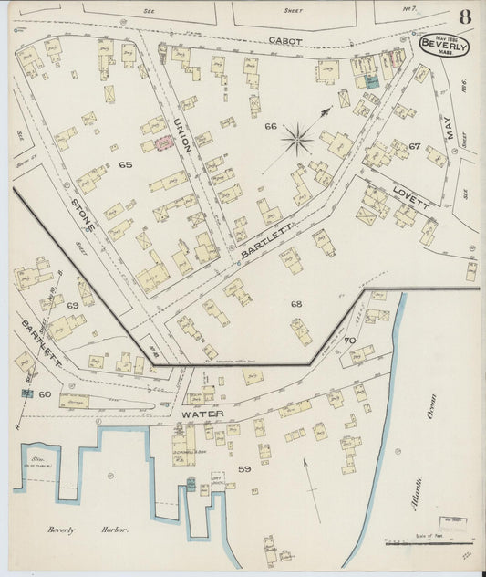Sanborn Fire Insurance Map from Beverly, Essex County, Massachusetts (1886), Sheet #0008 - Historic Sanborn Fire Insurance Map Print, vintage old map wall art, antique decor, genealogy gift, Massachusetts Massachusetts map