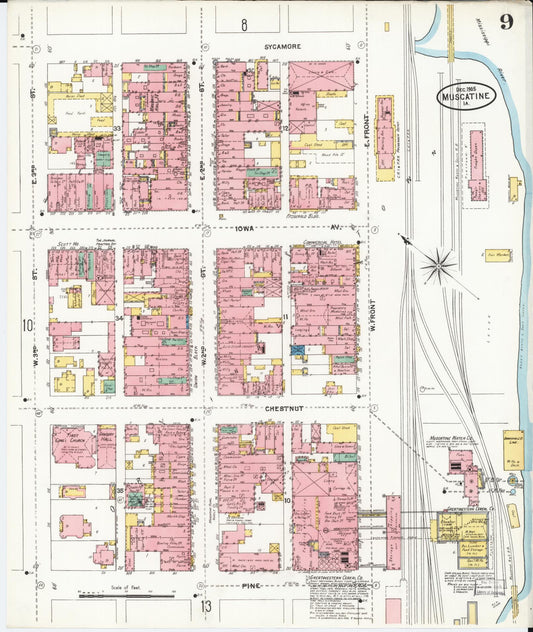Sanborn Fire Insurance Map from Muscatine, Muscatine County, Iowa (1905), Sheet #0009 - Historic Sanborn Fire Insurance Map Print, vintage old map wall art
