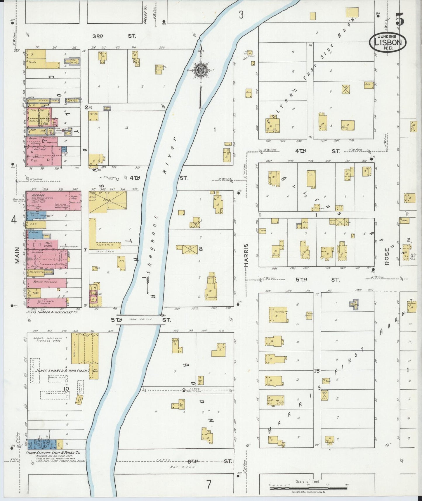 Sanborn Fire Insurance Map from Lisbon, Ransom County, North Dakota (1919), Sheet #0005 - Complete Map Set gallery image, historic Sanborn map, vintage wall art, North Dakota North Dakota