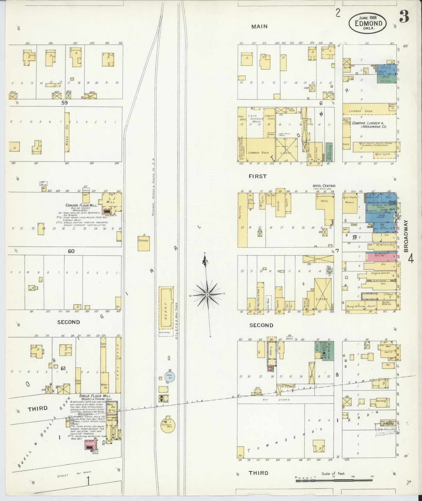 Sanborn Fire Insurance Map from Edmond, Oklahoma County, Oklahoma (1908), Sheet #0003 - Historic Sanborn Fire Insurance Map Print, vintage old map wall art, antique decor, genealogy gift, Edmond Oklahoma map