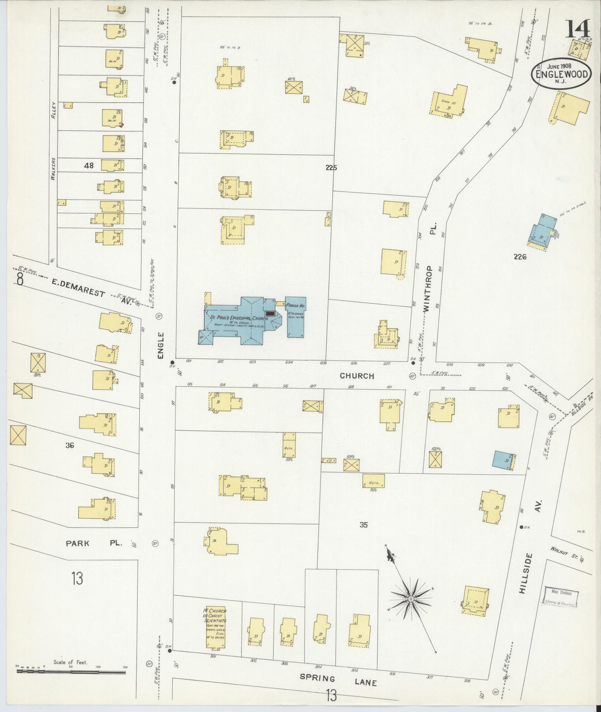 Sanborn Fire Insurance Map from Englewood, Bergen County, New Jersey (1908), Sheet #0014 - Complete Map Set gallery image, historic Sanborn map, vintage wall art, New Jersey New Jersey