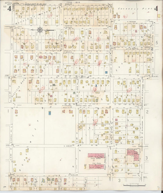 Sanborn Fire Insurance Map from Bethany, Oklahoma County, Oklahoma (1942), Sheet #0004 - Historic Sanborn Fire Insurance Map Print, vintage old map wall art, antique decor, genealogy gift, Bethany Oklahoma map