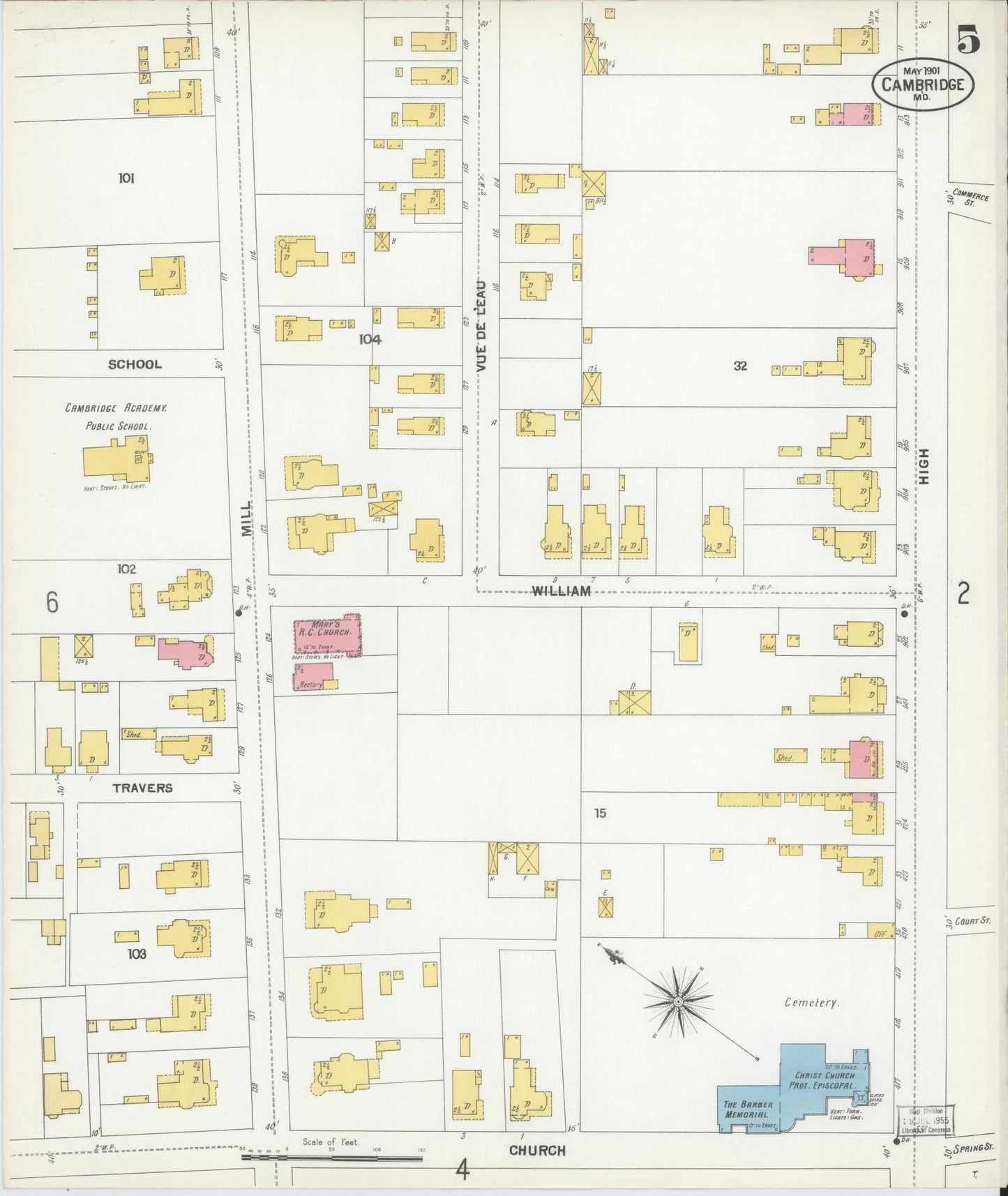 Dorchester, Maryland - 1901 - Sanborn Fire Insurance Map, Sheet #0005 - Historic Sanborn Fire Insurance Map Print, Dorchester Maryland 1901 0005 vintage old map wall art