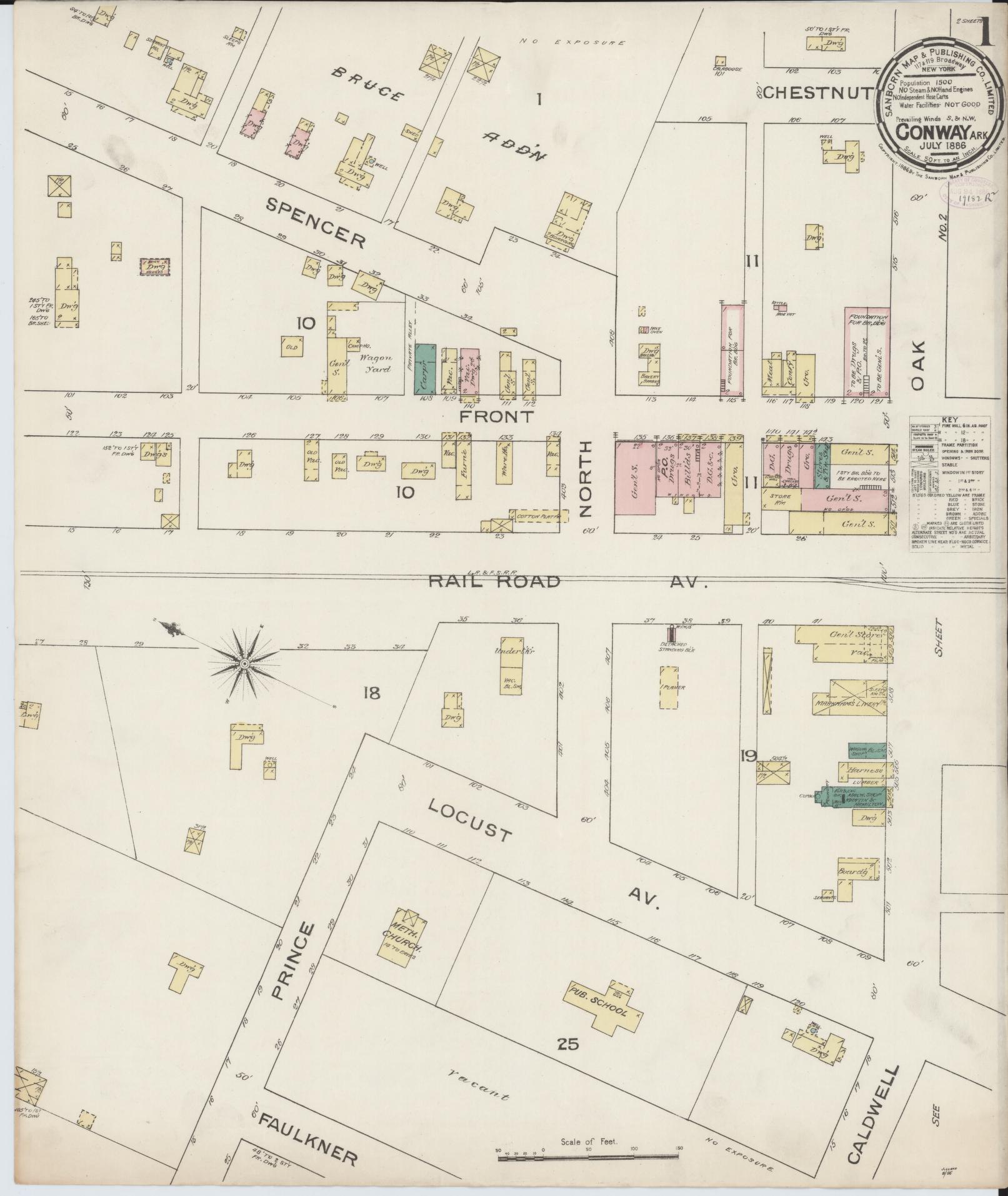 Sanborn Fire Insurance Map from Conway, Faulkner County, Arkansas (1886), Sheet #0001 - Historic Sanborn Fire Insurance Map Print, vintage old map wall art, antique decor, genealogy gift, Arkansas Arkansas map