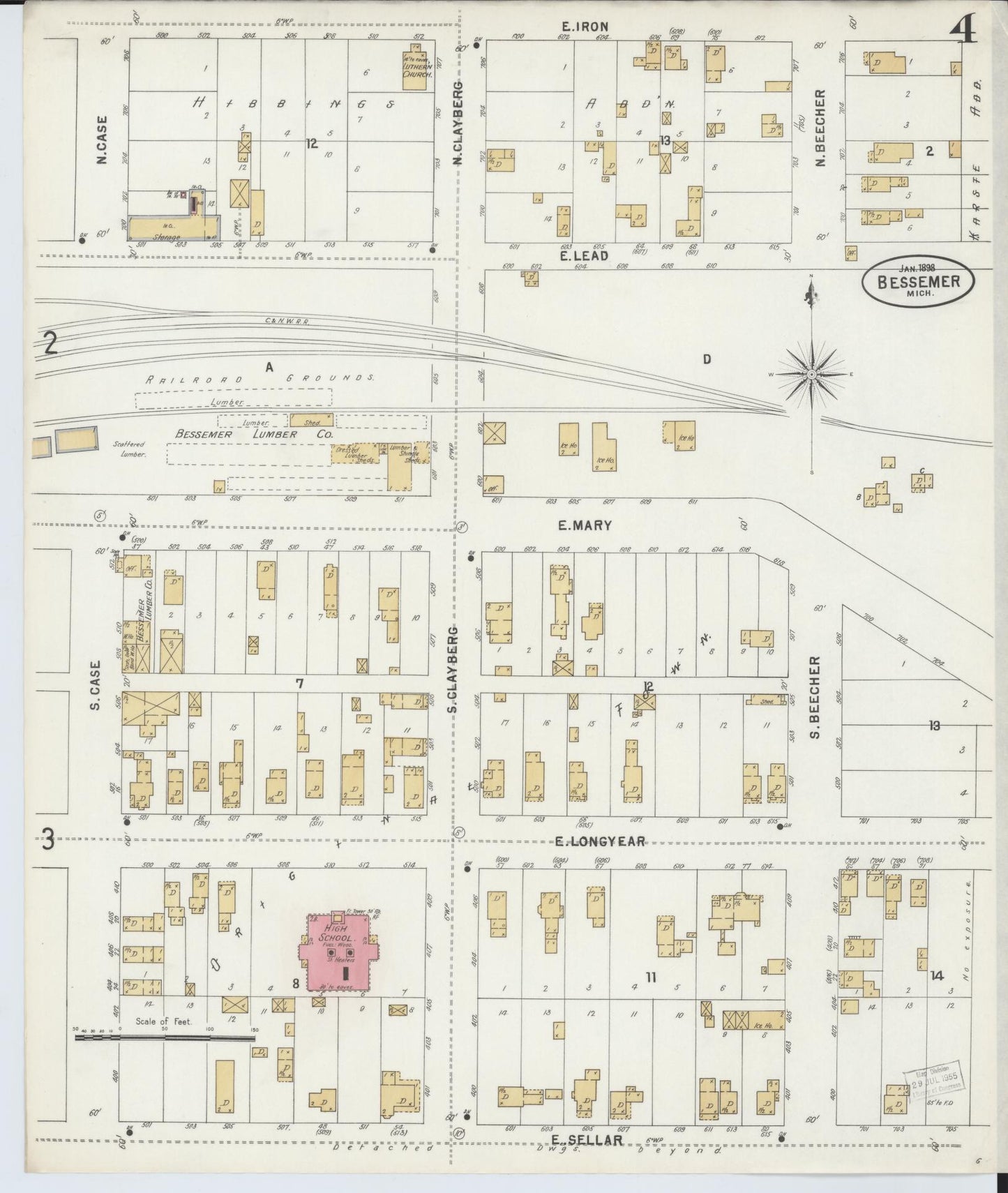 Sanborn Fire Insurance Map from Bessemer, Gogebic County, Michigan (1898), Sheet #0004 - Historic Sanborn Fire Insurance Map Print, vintage old map wall art, antique decor, genealogy gift, Michigan Michigan map