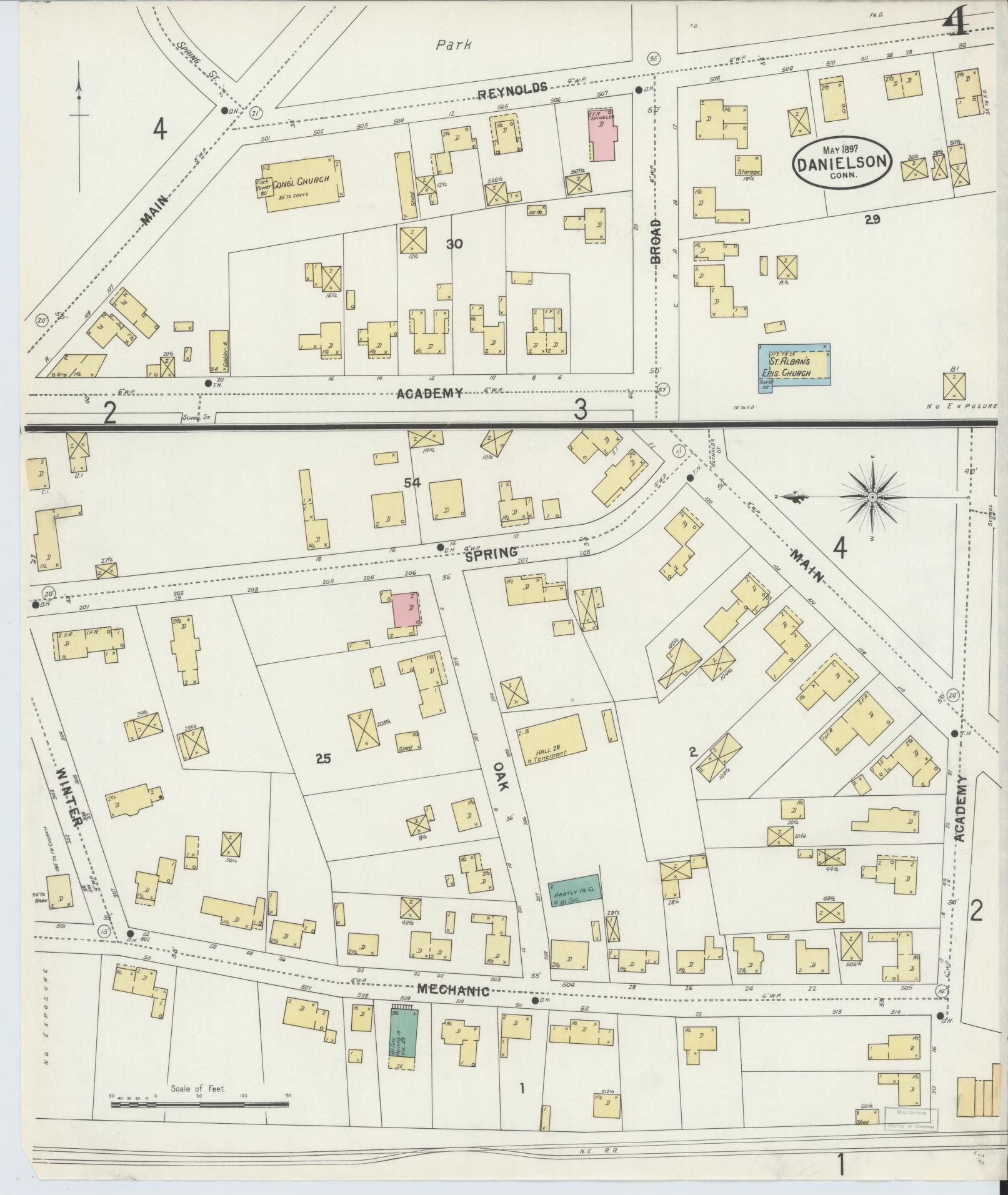 Sanborn Fire Insurance Map from Danielson, Windham County, Connecticut (1897), Sheet #0004 - Historic Sanborn Fire Insurance Map Print, vintage old map wall art, antique decor, genealogy gift, Connecticut Connecticut map